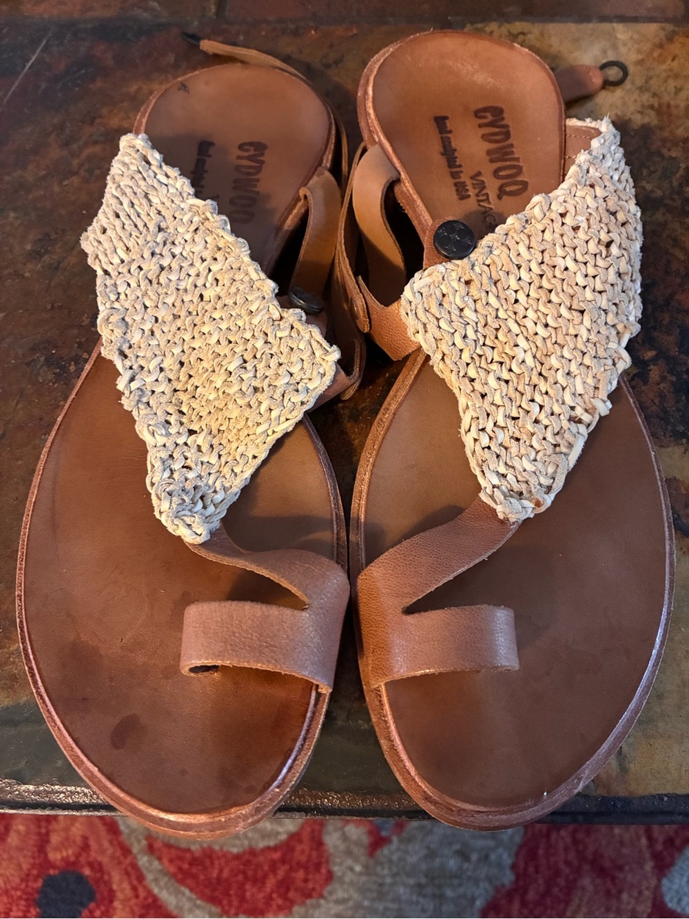 Cydwoq ‘Dive’ Tan Leather Sandals with Cream Woven Upper (38) 7.5-8